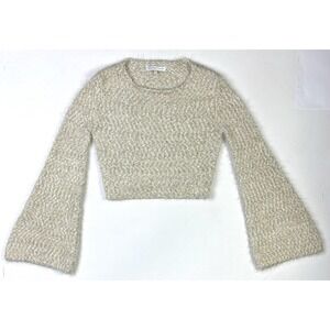 Endless Rose Sweater Womens Medium Fuzzy Knit Bell Sleeve Cream Gold Cropped Top